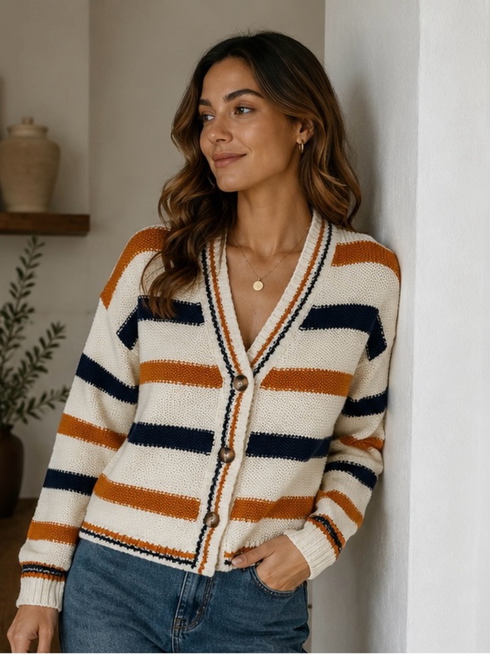 Bluenotes Striped V-Neck Button Crop Cardigan Cream, Navy & Mustard Size M